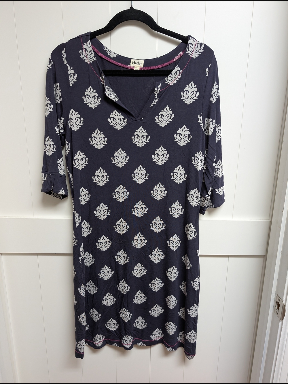 Hatley Navy Dress with White Damask Print and Pink Trim